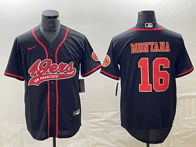 Men%27s San Francisco 49ers #16 Joe Montana Black Red With Patch Cool Base Stitched Baseball Jersey